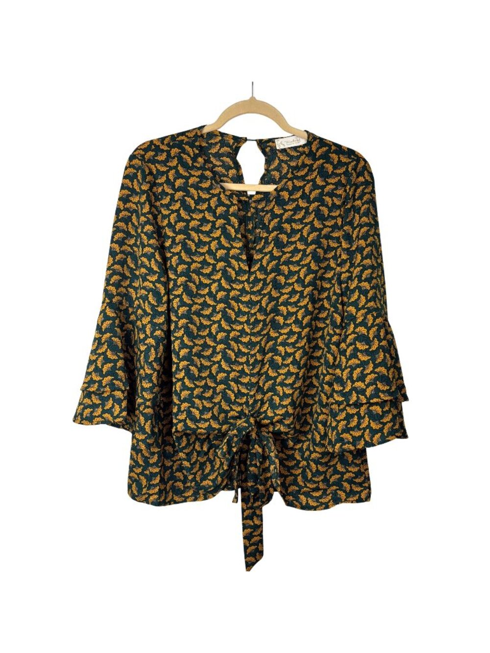 ✨3/$30 Weekend Suzanne Betro S Green Yellow Floral Print Blouse Top Boho Retro F